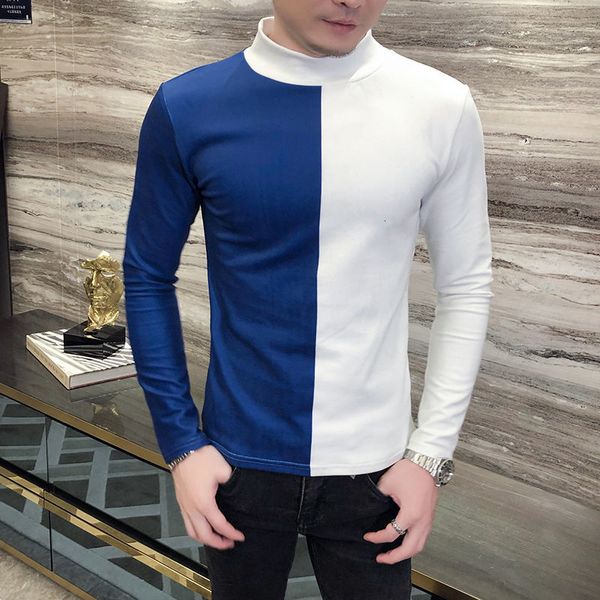 

2021 new black white t-shirt club outfits long-sleeved turtleneck homme slim fit tee contrast stitching royal t shirt men dzgt, White;black