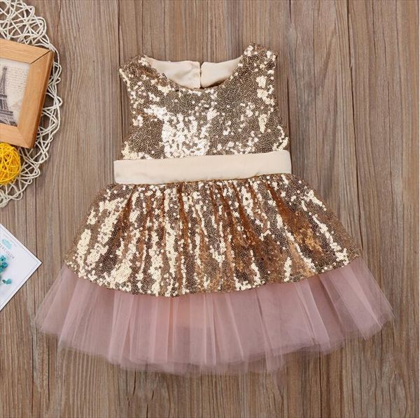 

kids baby girl sequins dress back big bowknot sleeveless gold rose red princess party ball gown tutu tulle, Red;yellow