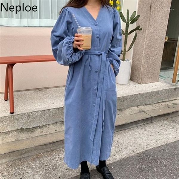 

casual dresses neploe chic maxi for women loose v-neck puff sleeve corduroy temperament vestidos mujer bandage slim dress robe femme, Black;gray