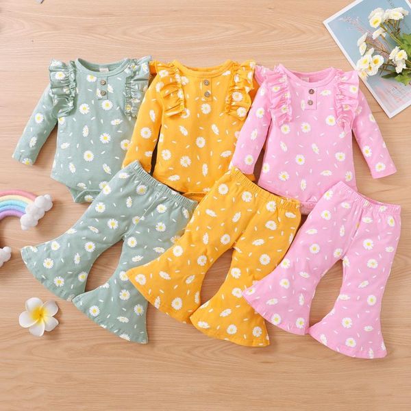 

clothing sets 0-18m born baby autumn outfits infant girls clothes set long sleeve ruffles floral printed romper bodysuit+flare pants, White