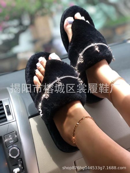 

slippers diamond chain furry fur platform faux slides fluffy flip flops winter home rhinestone sandals female shoes, Black