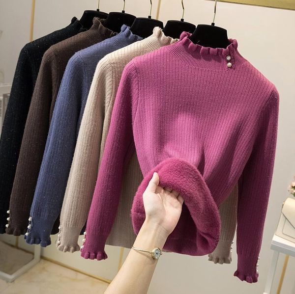 

women's sweaters thick jumpers women knitted ruched turtleneck full sleeve winter fleece pullovers female buttons sweater top, White;black