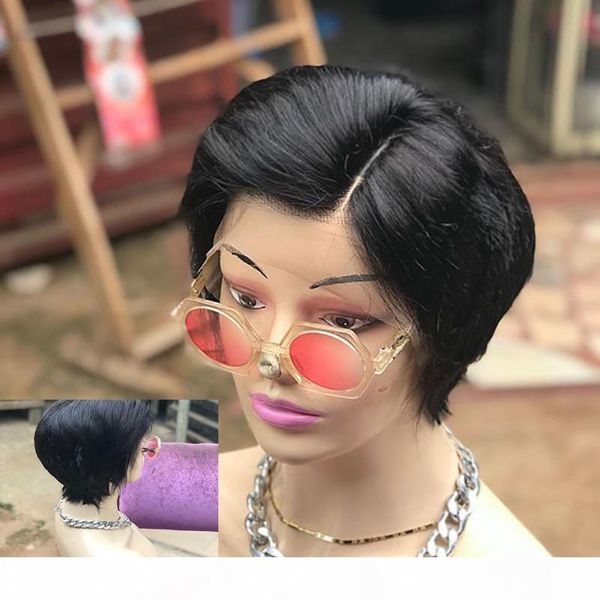 

short pixie cut 4x4 13x4 lace front human hair wigs for black women straight bob wig pre plucked remy 150 180 density atina, Black;brown