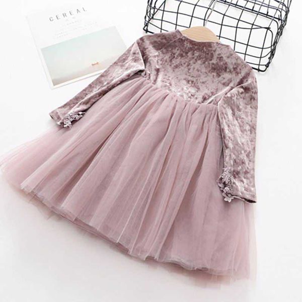 

wholesale spring autumn girl dress lace waist velvet gauze long sleeve princess children clothing e7795 210610, Red;yellow