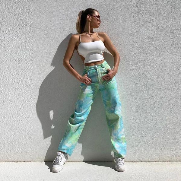 

women's jeans woman tie-dyed casual pants green loose denim straight-leg trousers with pocket fashion high waist botton baggy, Blue