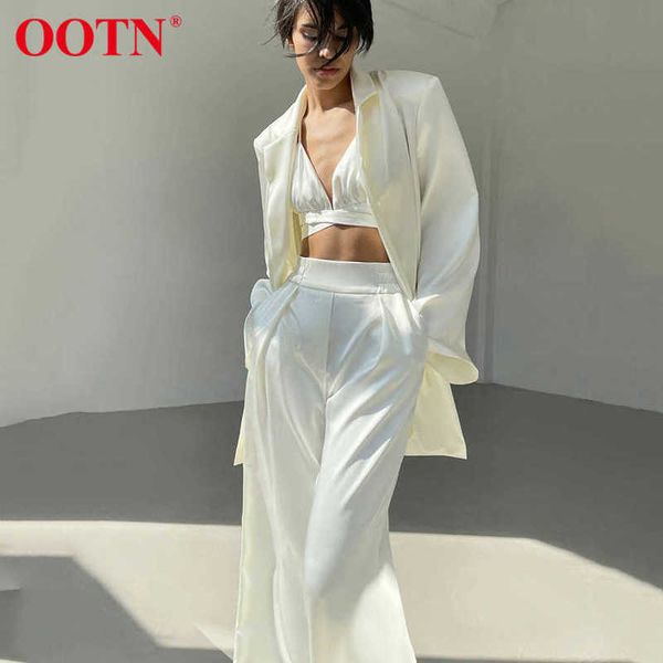 

ootn y2k two piece set women satin coat with pants suit fashion chic autumn streetwear female 2 piece sets pink 210929, White