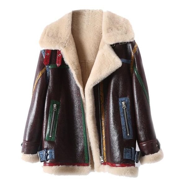 

women's fur & faux double faced real natural sheepskin coat geniune leather 2021 autumn and winter merino lamb one, Black