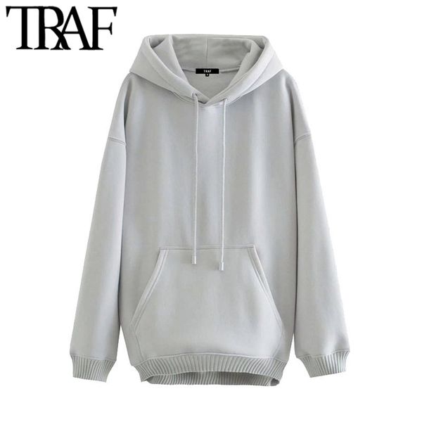 

traf women fashion with pockets oversized hoodies sweatshirts vintage long sleeve fleece female pullovers chic 210728, Black