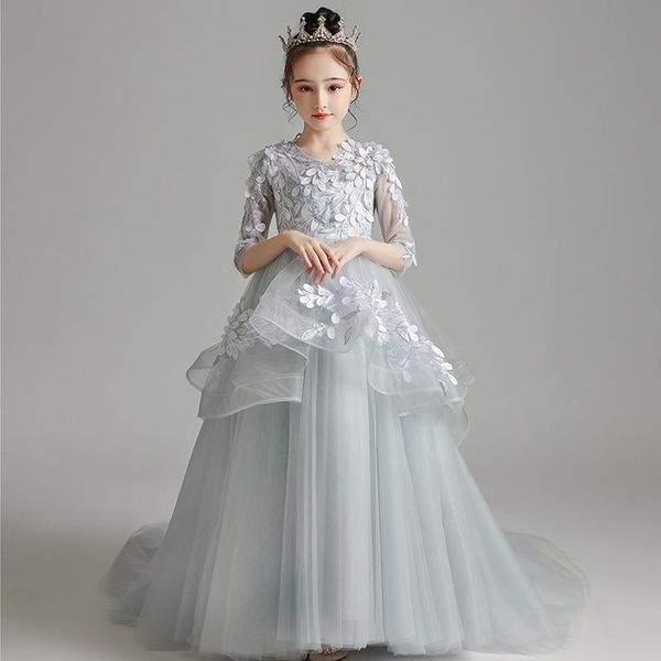 

girl's dresses flower girl illusion sequined embroidery high three quarter luxury princess floor-length tulle lace kids party gown h302, Red;yellow