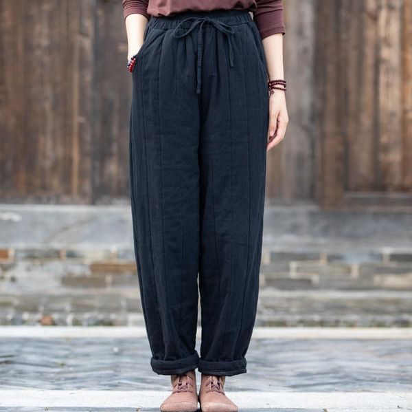 

women's pants & capris women retro cotton thickened casual linen elastic waist belt solid color 2021 autumn winter quilted v2228, Black;white