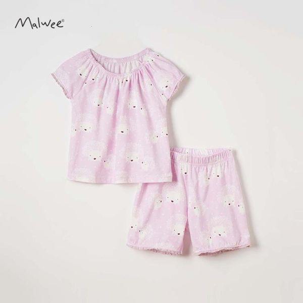 

malwee t-shirt summer girls' short sleeve shorts set cartoon children's wear, White