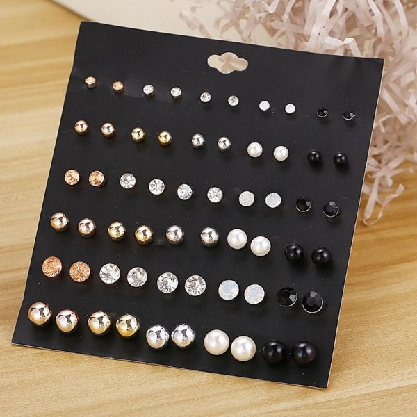 

stud 30 pair/set crystal earrings triangle knot fashion rhinestone imitation pearl for girls tiny ear studs pendientes, Golden;silver