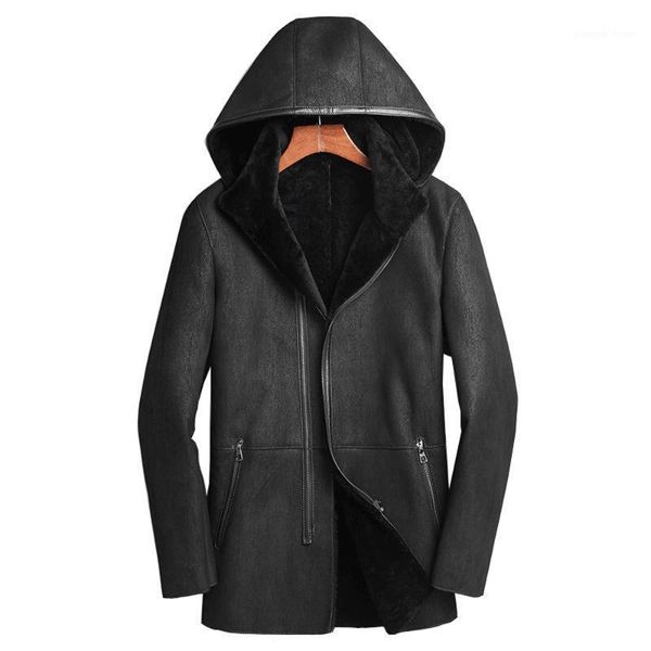 

sheepskin 100% real fur coat men hooded winter clothing medium long leather genuine outwear men's & faux, Black