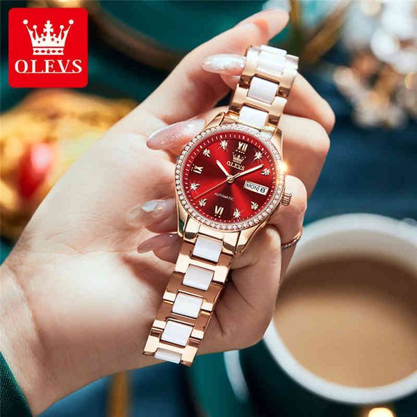 

watches olevs women white ceramic bracelet rose gold steel case calendar ladies self-wind mechanical elegance, Slivery;brown