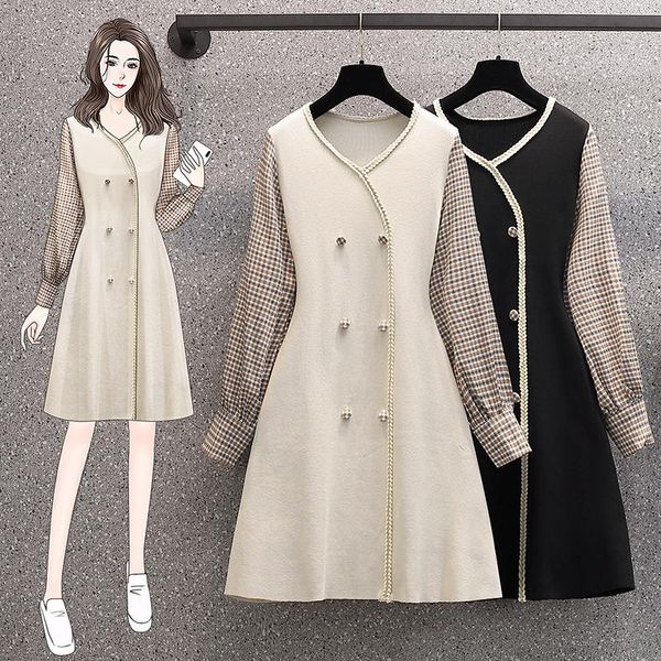 

casual dresses -4xl plus size women vintage sweater dress vestidos 2021 loose long sleeve v neck plaid knit patchwork autumn, Black;gray