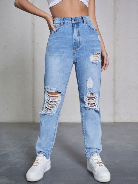 

ripped detail straight leg jeans m355#, Blue