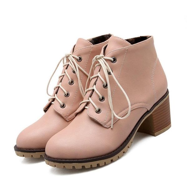 

boots deat 2021 autumn and winter fashion solid color short thick heel mid plush lace up women shoes sg184, Black