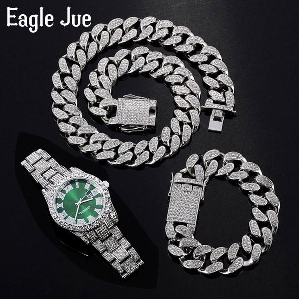 

wristwatches eagle jue watch + necklace bracelet hip hop miami curb cuban chain silver diamond steel band quartz men's jewelry, Slivery;brown