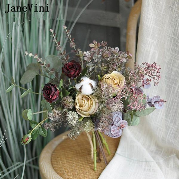 

wedding flowers janevini vintage autumn burgundy bridal hand bouquets eucalyptus silk roses artificial bride bouquet marie 2021