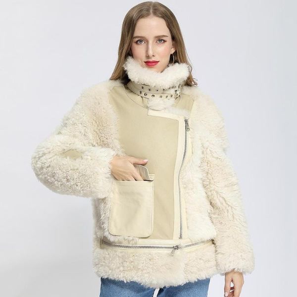 

women's wool & blends real shearing sheep fur coats genuine soft fashion jackets winter patch pocket warm outerwear, Black