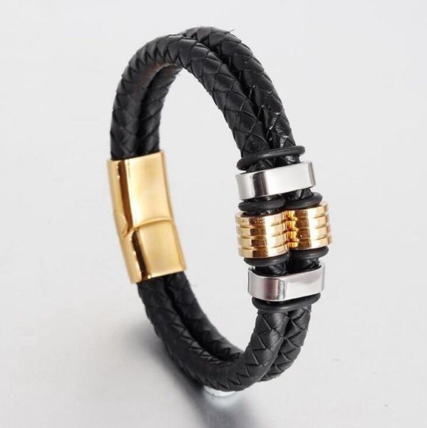 

charm bracelets classic leather braided magnetic clasp for men punk style hip hop rock jewelry holiday gift, Golden;silver