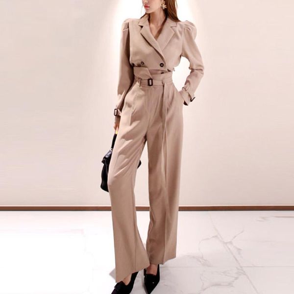 

women's two piece pants elegant 2 pieces set full sleeve short blzer & long belted wide leg chic women pant suit 2021 office ladies bla, White
