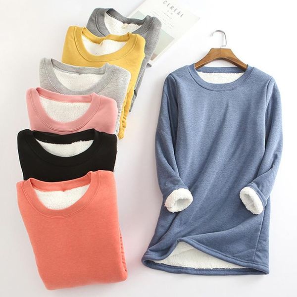 

winter women thick fleece sweatshirt slim blouse thick fleece velvet lamb wool warm casual o-neck underwear blouse, Black
