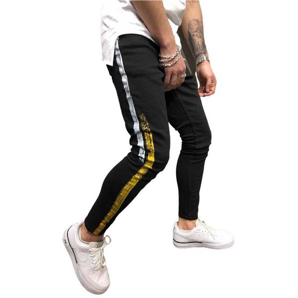 

men's jeans pants micro stretch print trendy denim trousers x0621, Blue