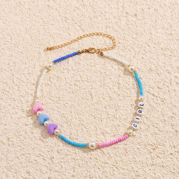 

fashion design beaded necklaces acrylic round letter necklace colorful seed bead heart-shaped pearl single clavicle chain multi-element bohe, Silver