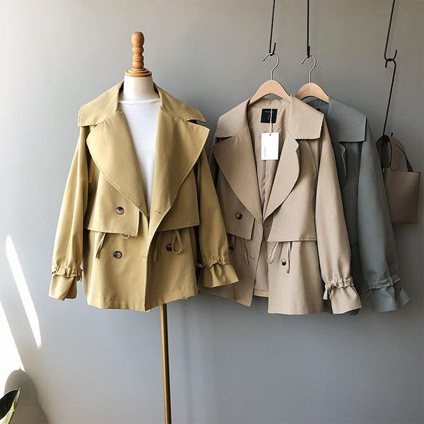 

new korea-style autumn feminine trenchcoat turn down collar long sleeve cloak windbreaker double breasted loose cotton trench, Tan;black
