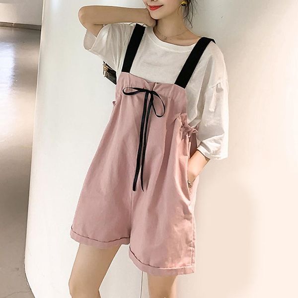 

zoki summer two piece set short sleeve t shirt fashion japanese suspenders bow playsuit loose pockets sweet girls pink outfits women's, Gray