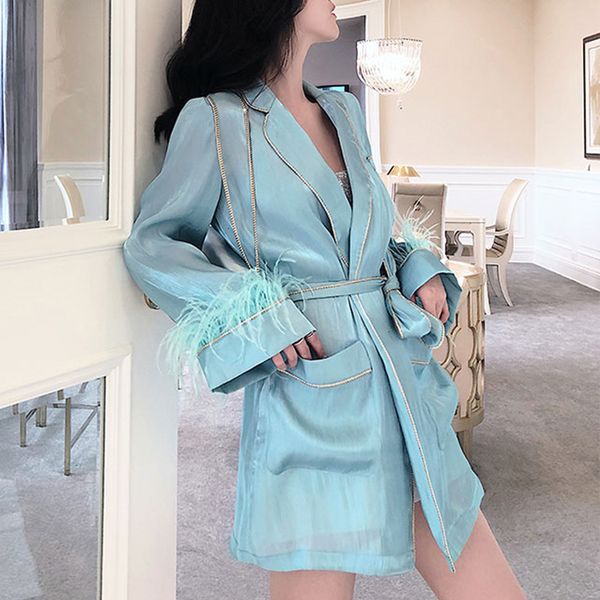 

patchwork feather coat female long sleeve with sash lace up waisted womens jacket 2020 autumn fashion clothing new, Black;brown