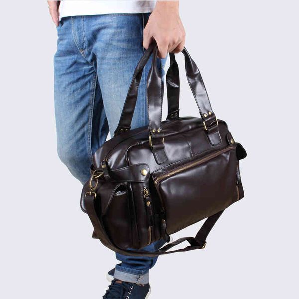 

straight shoulder bag pu leather men's single messenger hand fashion large capacity travel, Black;red