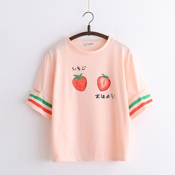 

women's t-shirt japanese strawberry t-shirts girls harajuku t shirt women short sleeve o-neck cotton striped cartoon print tee, White