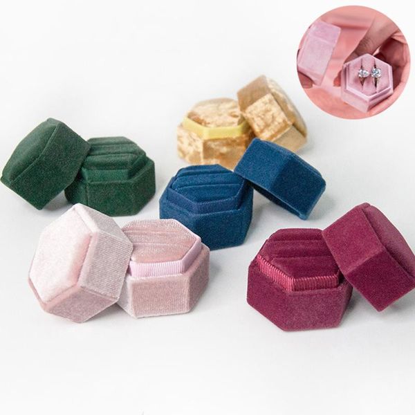 

jewelry pouches, bags 1pc hexagonal velvet ring box customized double slot wedding engagement display storage, Pink;blue