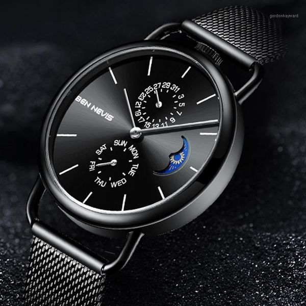 

fashion quartz men watch waterproof sport business moon phase wrist for relogio masculino wristwatches, Slivery;brown