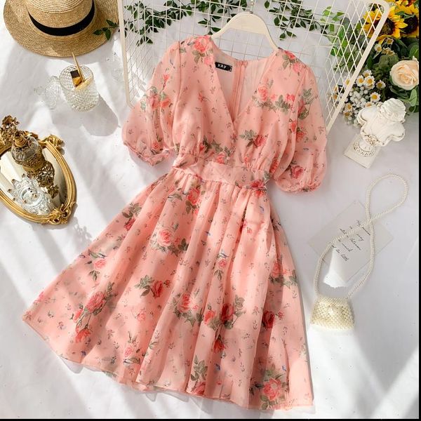 

2021 new fashion womens chiffon dress summer temperament v neck french sweet floral drop shipping good quality, Black;gray