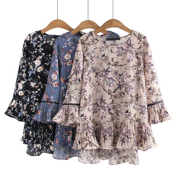 

fashion trumpet sleeve chiffon shirt women retro spring and summer korean chiffon shirt loose large size floral blouse 210721, White