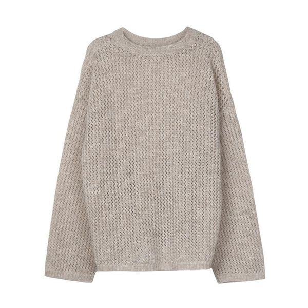 

women's sweaters eyelet crochet knitted see through wool blended crew neck pullovers loose fitted, White;black