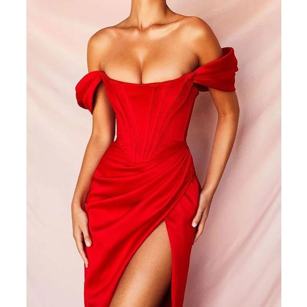 

casual dresses stretch satin elegant dress women high split off shoulder party 2021 summer with fishbone, Black;gray