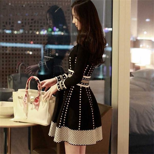 

spring autumn women's knitting dress high waist elegant fashion sweater long sleeve pleate black mini es 211119, Black;gray