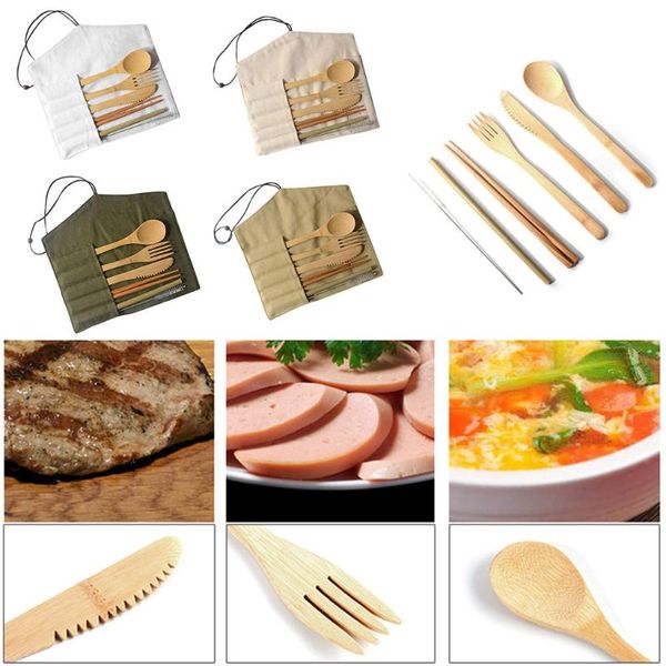 

wooden portable tableware cutlery sets with useful spoon fork chopsticks travel gift dinnerware suit with cloth bag drop 11