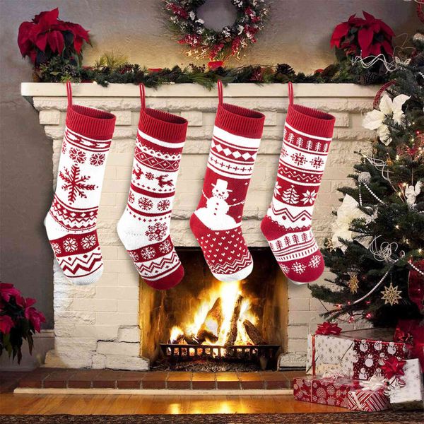 

2022 new decorations knitted red and white supplies christmas stockings gift bag