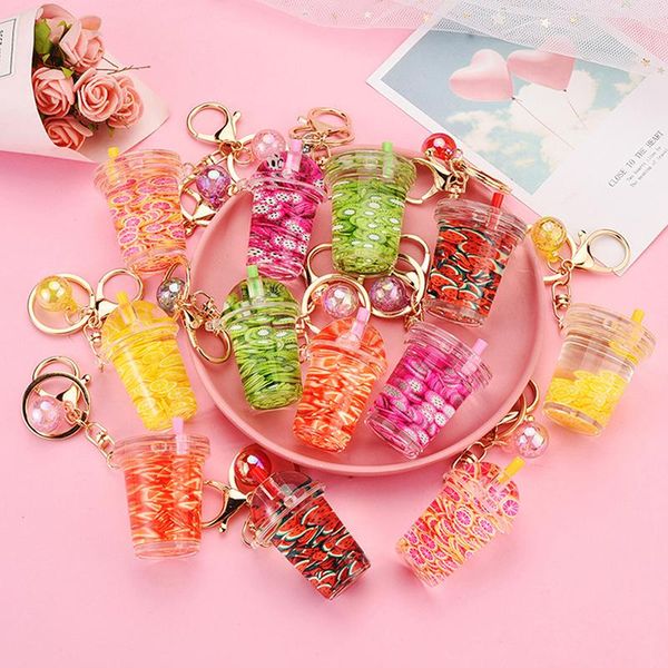 

keychains simulation fruit floating keychain watermelon kiwi milk tea bottle key ring, Silver