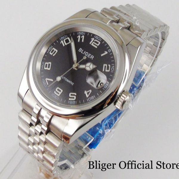 

wristwatches bliger dress 36mm selfwinding men watch miyota 8215 black dial sapphire crystal jubilee bracelet date magifier, Slivery;brown
