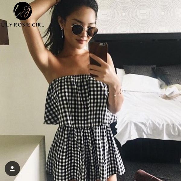 

women's jumpsuits & rompers conmoto off shoulder plaid women romper summer casual sleeveless beach party ruffles short jumpsuit girls o, Black;white