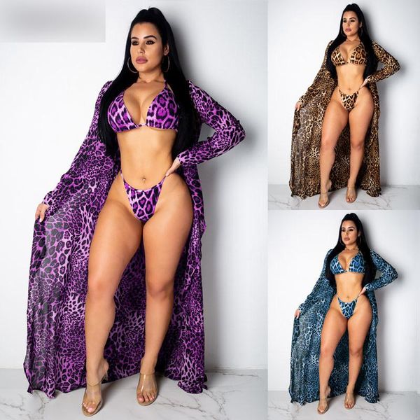 

women's swimwear 3pcs women bikini sets leopard print long sleeve kimono cover-up cardigan beach bathing beachdress swimsuit, White;black