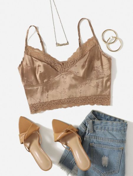 

jacquard lace trim cami t6kj#, White