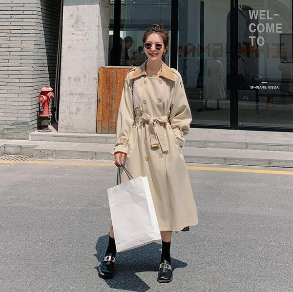 

fashion korean style double breasted loose female lapel neck long coat women oversized trench clothing retro frock windbreaker, Tan;black