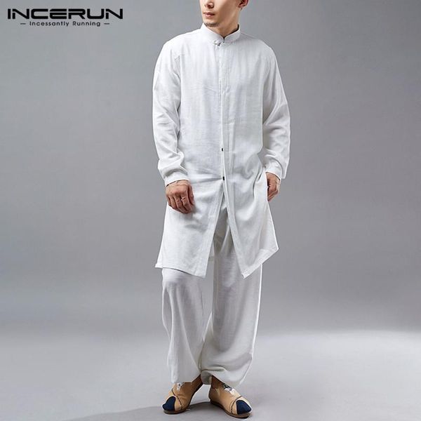 

incerun men's sets solid cotton suits leisure long sleeve stand collar elastic pants 2 pieces chinese style sets plus size, Gray